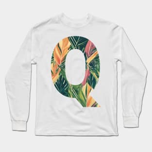 A pattern of vintage tropical leaves filling the letter Q Long Sleeve T-Shirt